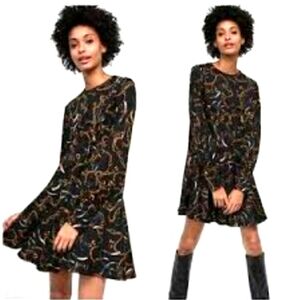 Zara Basic Black & Gold Patterned Long Sleeve Pull-On Comfy Dress Size Medium